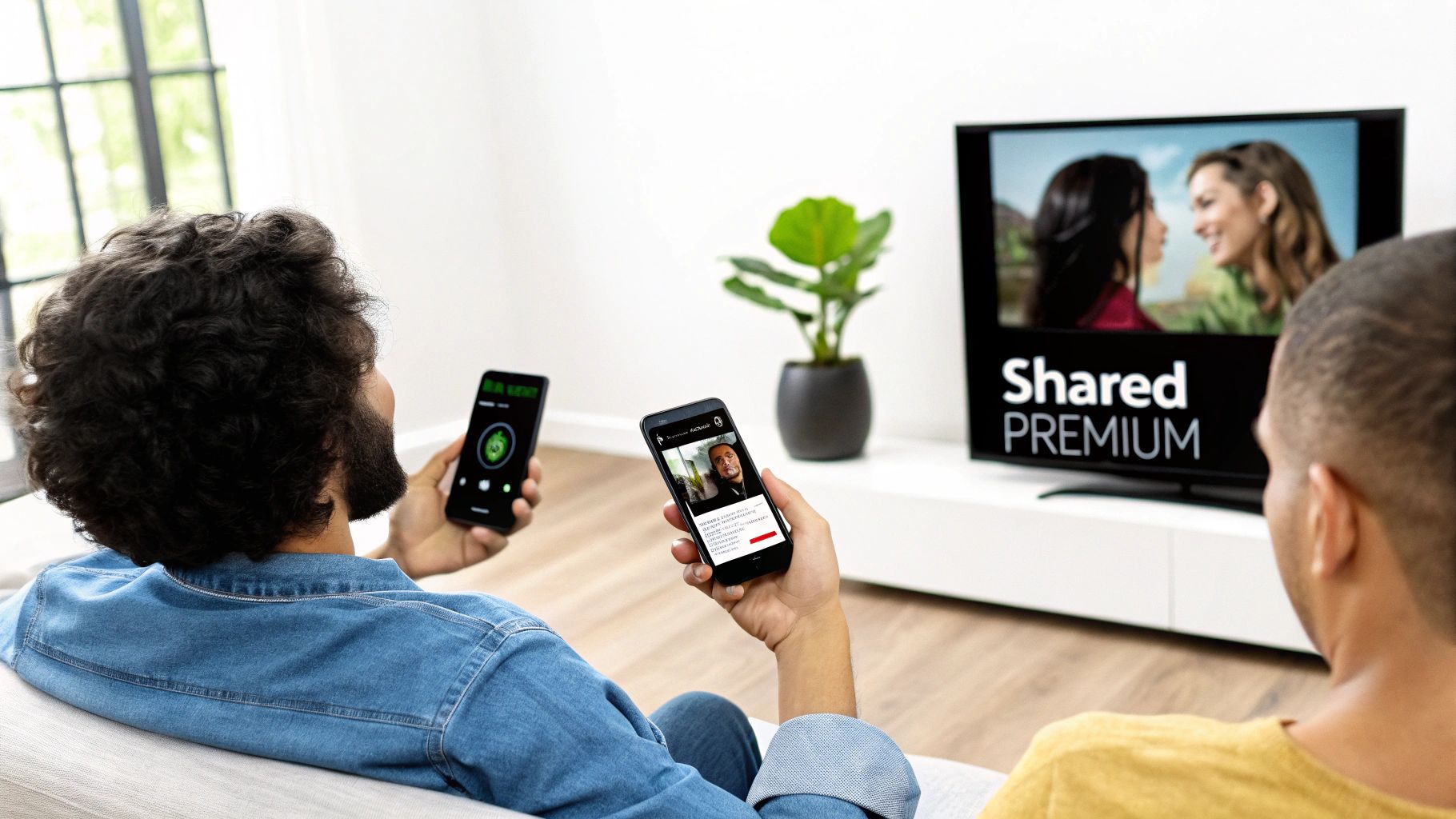 Two men on a sofa watching TV showing 'Shared PREMIUM' while using smartphones to interact with content.