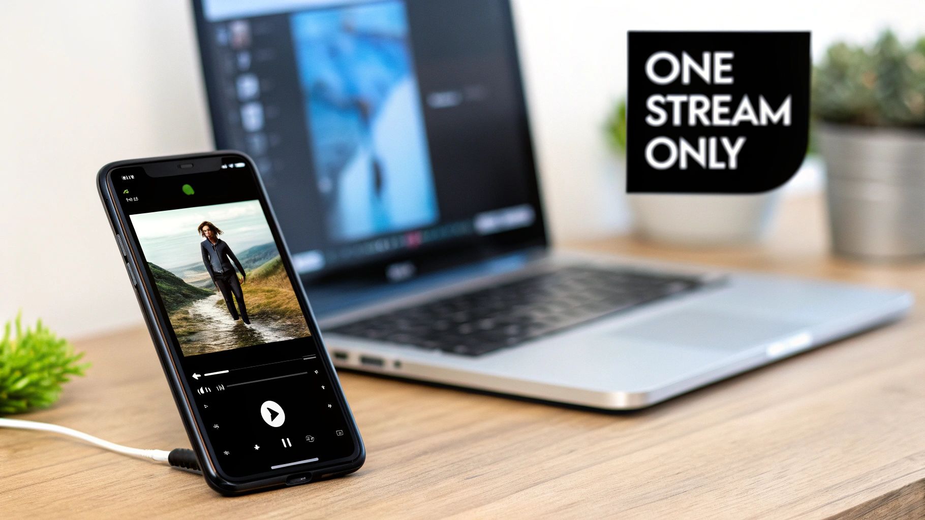 A smartphone playing a video with a person walking, next to a laptop, featuring "ONE STREAM ONLY" text.