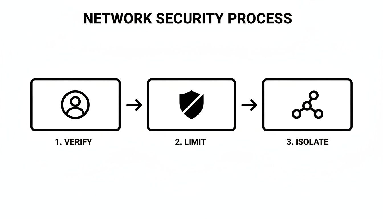 Diagram illustrating a three-step network security process: verify user, limit access, and isolate threats.
