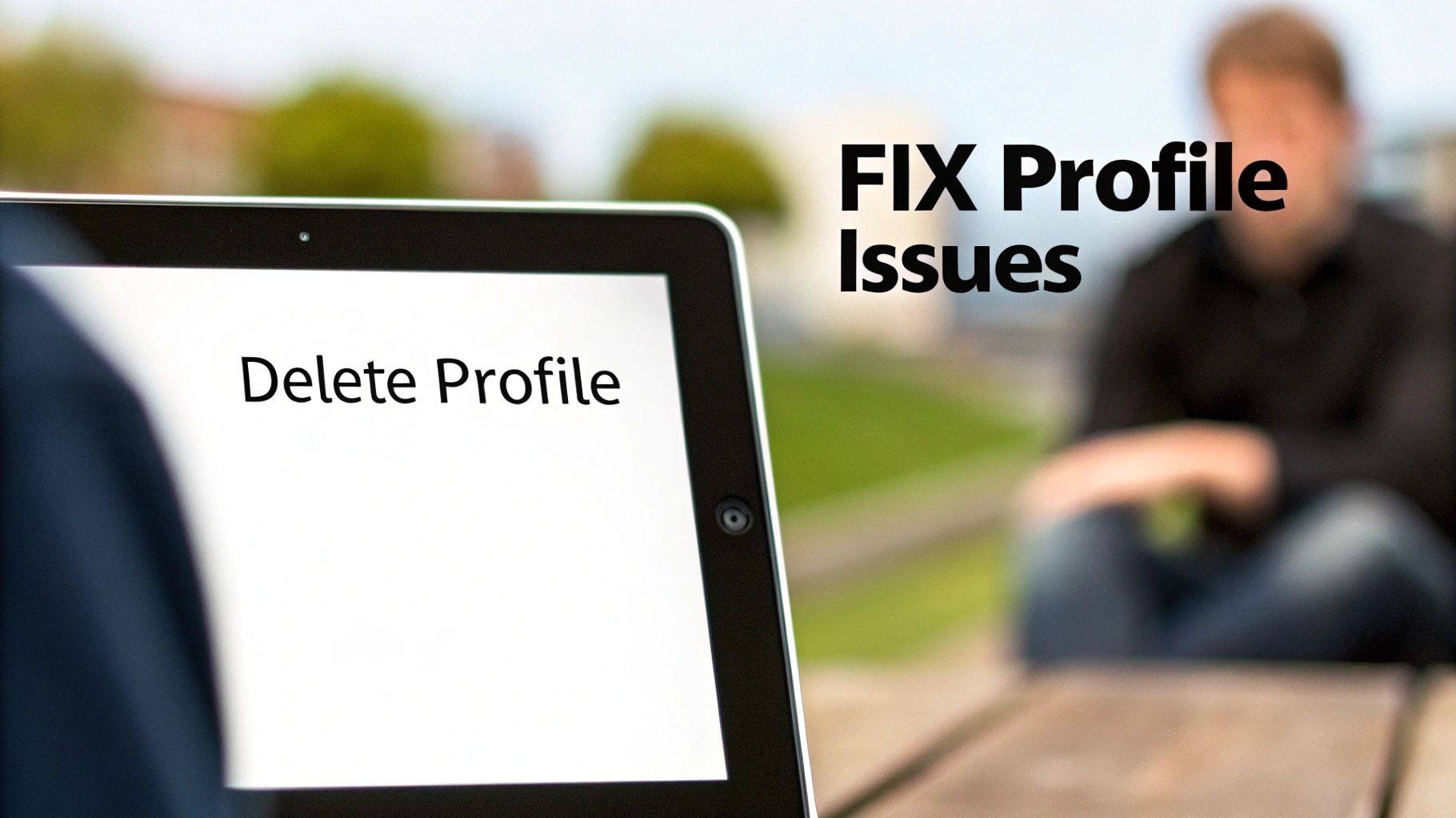 A tablet screen displays 'Delete Profile' with 'FIX Profile Issues' text and a blurry person in the background.
