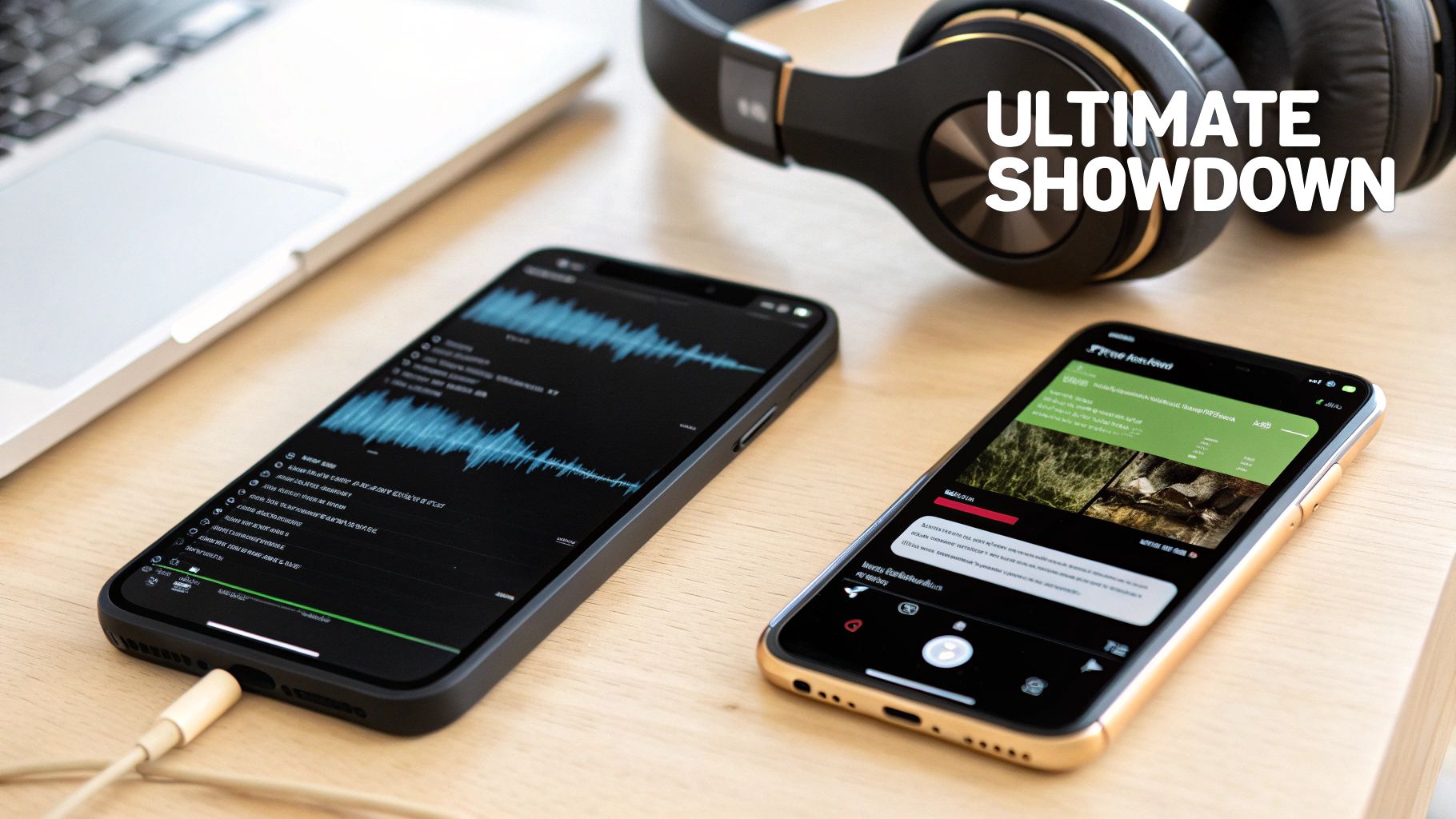 Two smartphones on a wooden desk showing music app interfaces, next to headphones and a laptop.