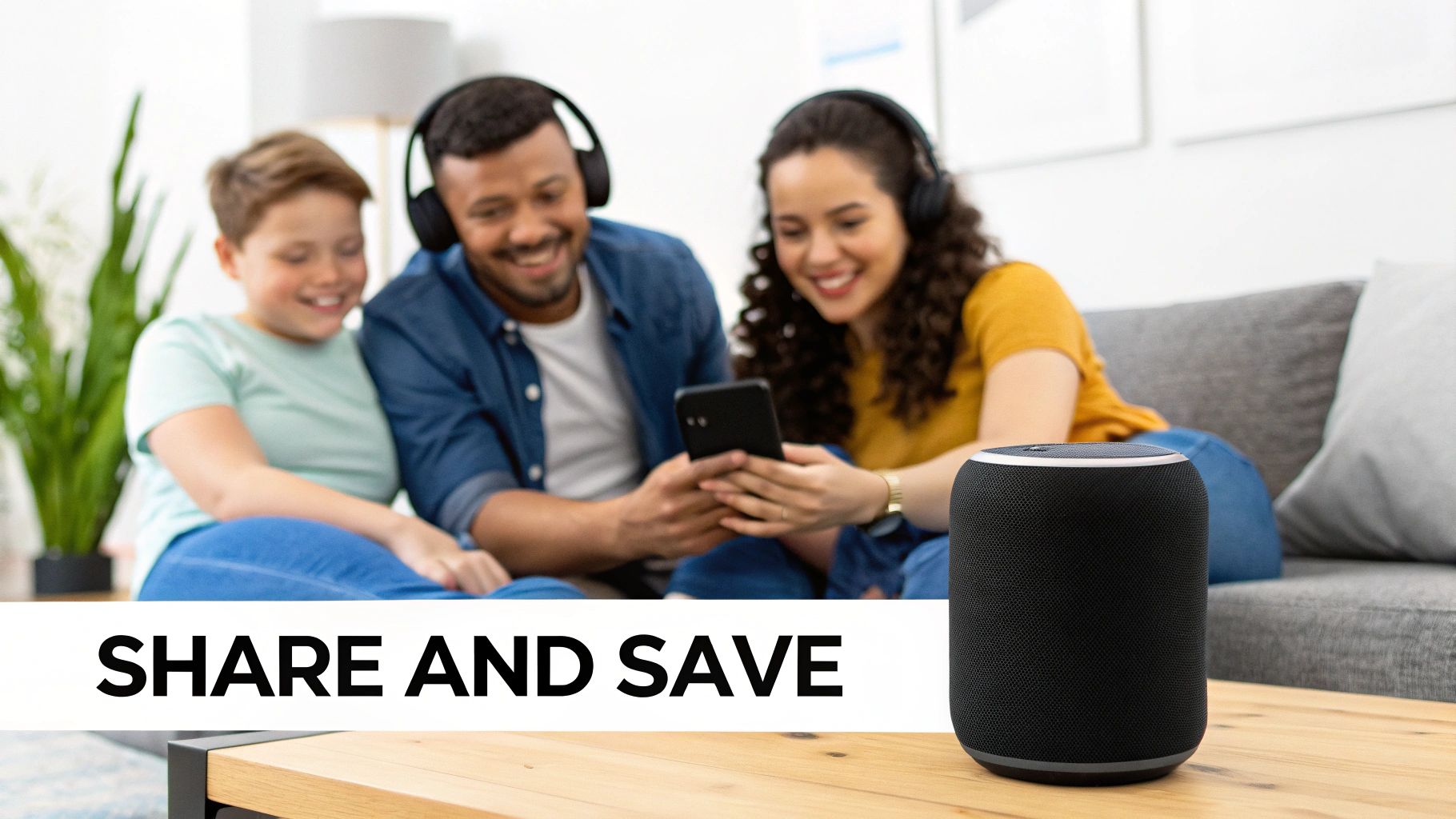 A happy family with headphones smiles while looking at a smartphone, next to a smart speaker, illustrating sharing music.