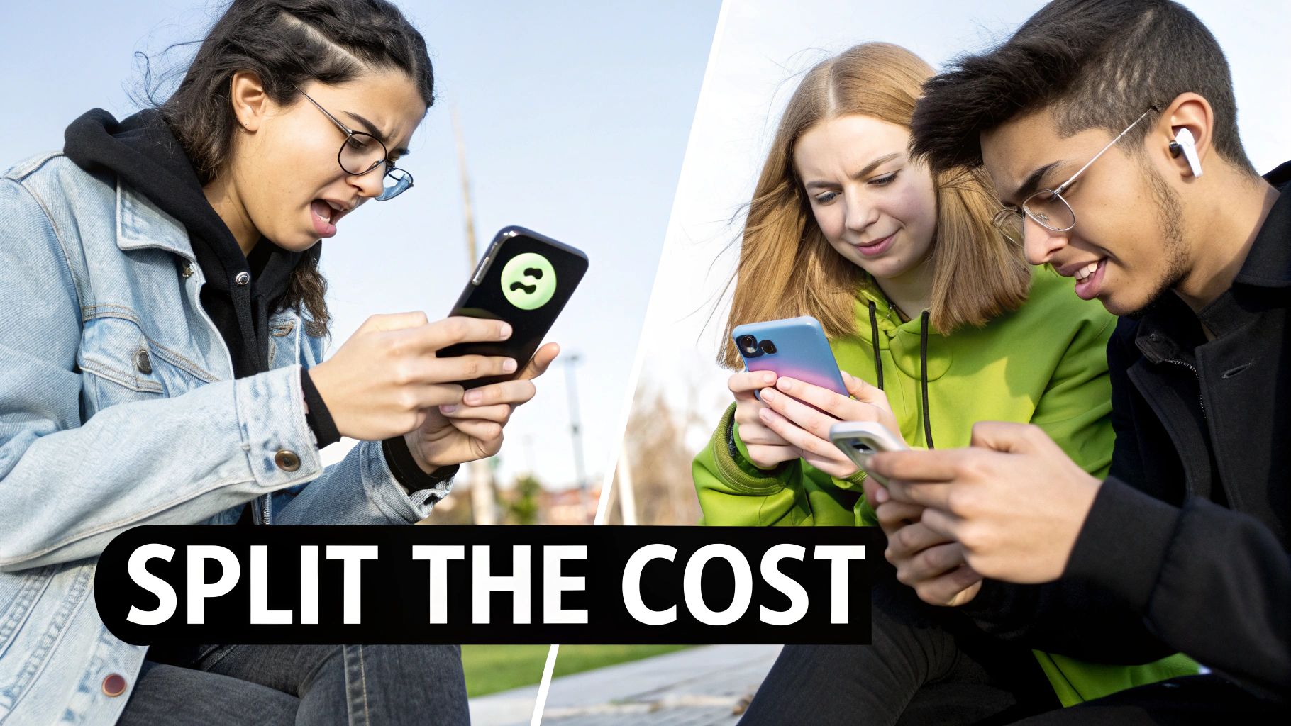 Young people use smartphones outdoors, one reacts with surprise while others collaborate to split costs.