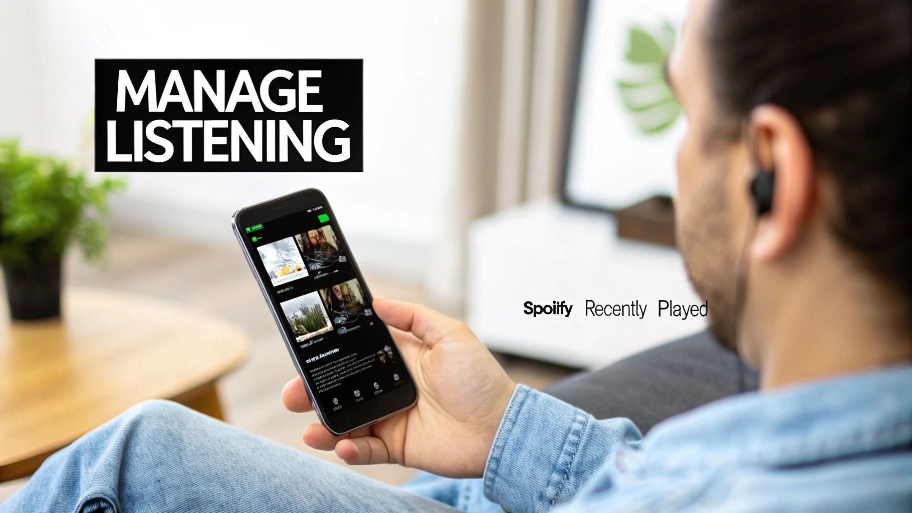 A person holds a phone with the Spotify app open, showing recently played music, while wearing an earbud.