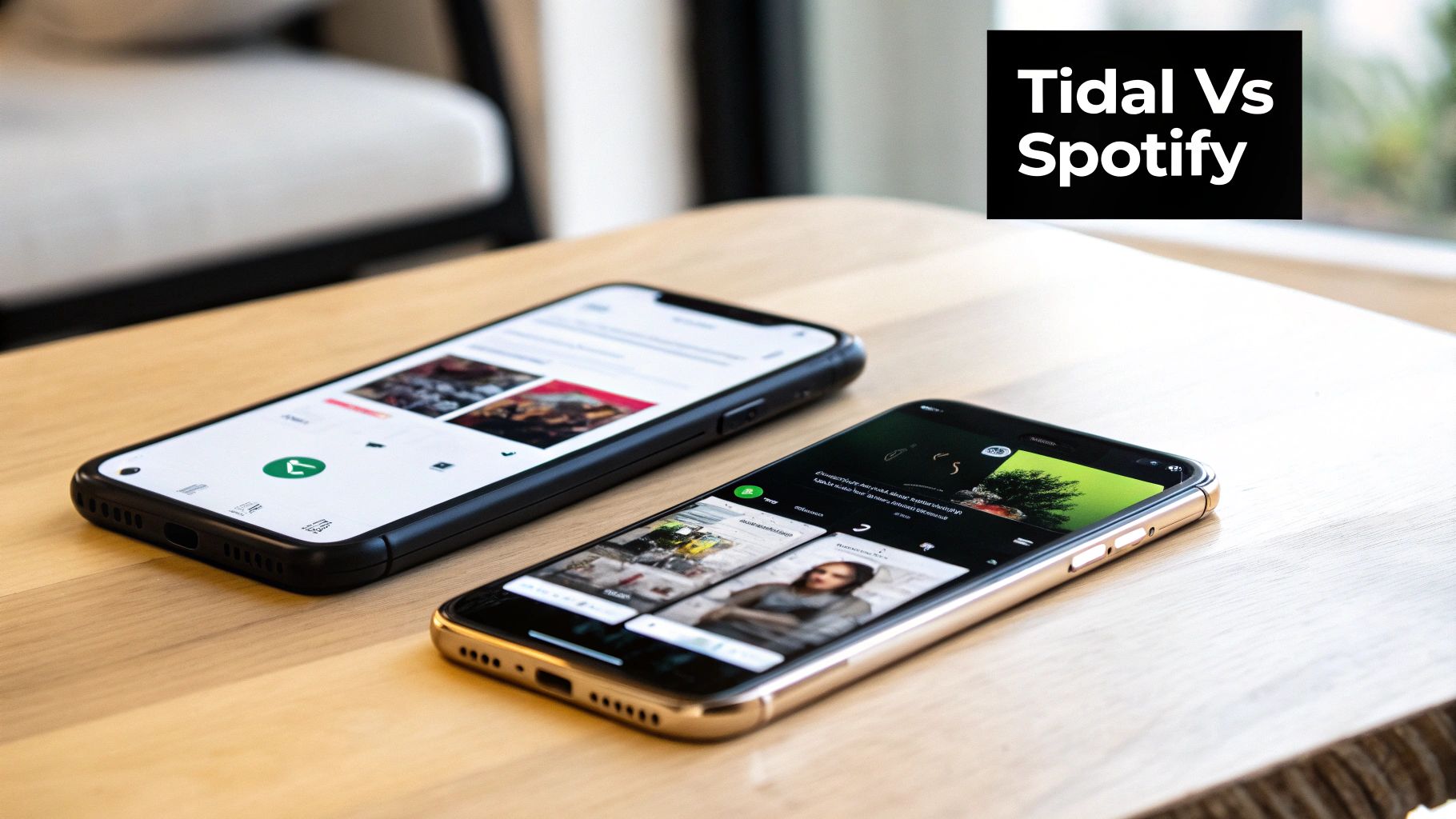 Two smartphones showcasing music streaming apps, Tidal and Spotify, lying on a wooden table.