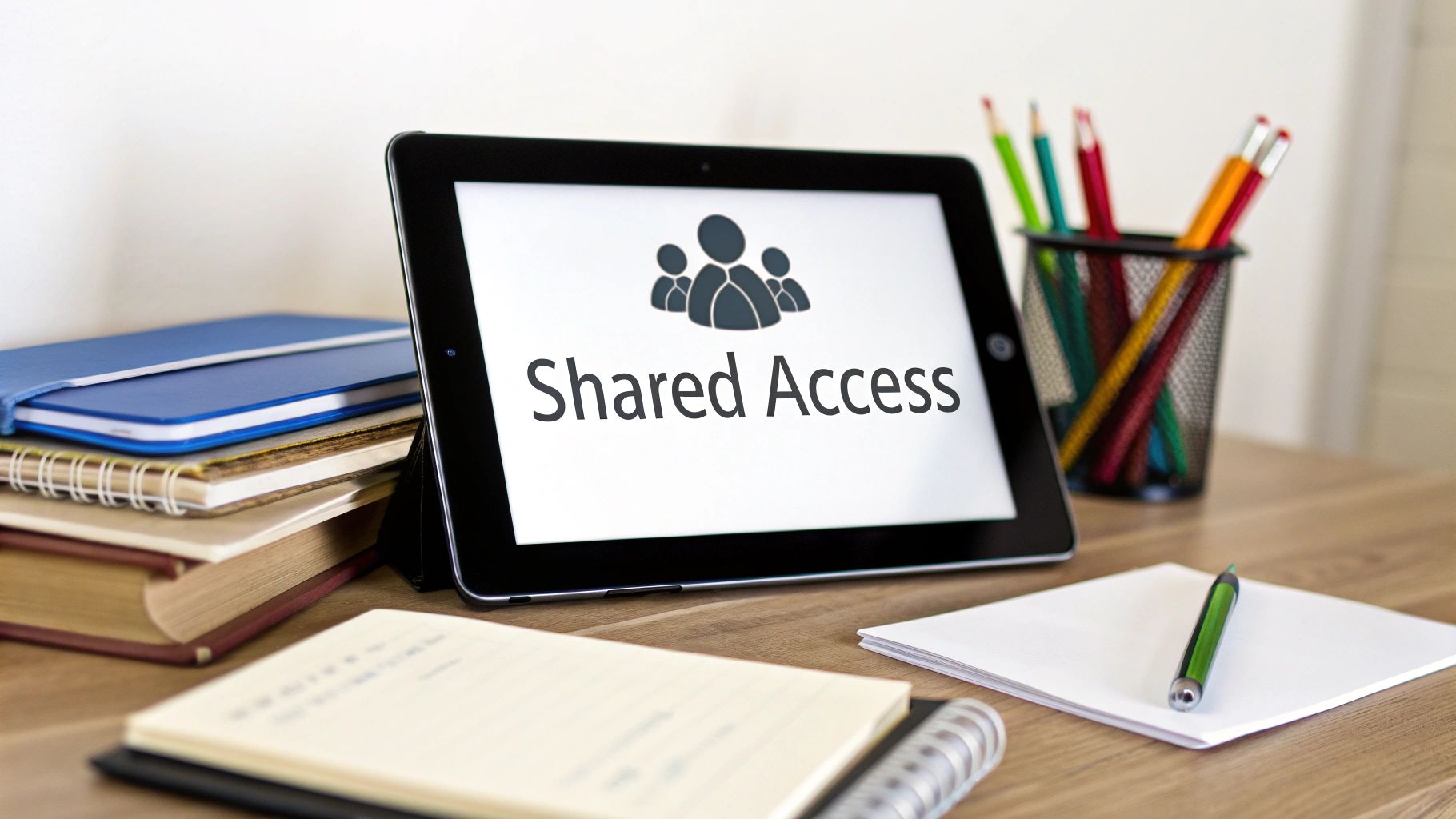 A tablet on a wooden desk shows 'Shared Access' with a group icon, surrounded by notebooks and stationery.
