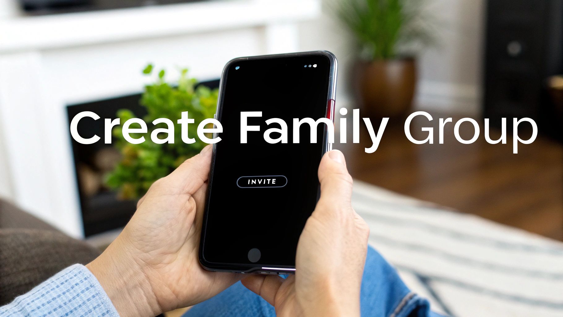Hands holding a smartphone displaying 'INVITE' on screen, with 'Create Family Group' text overlaid.