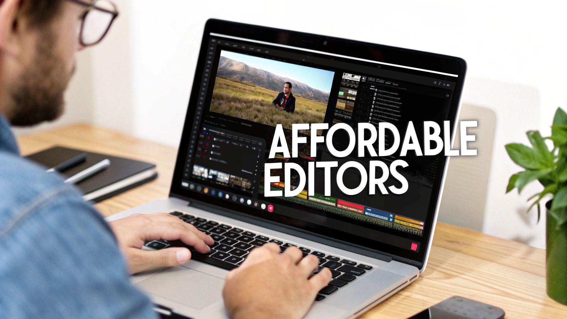 Man in glasses editing a video on a laptop, with 'AFFORDABLE EDITORS' text on screen.