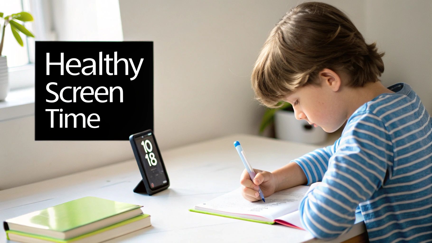 A child is focused on a tablet during homework time, with a clock in the background.