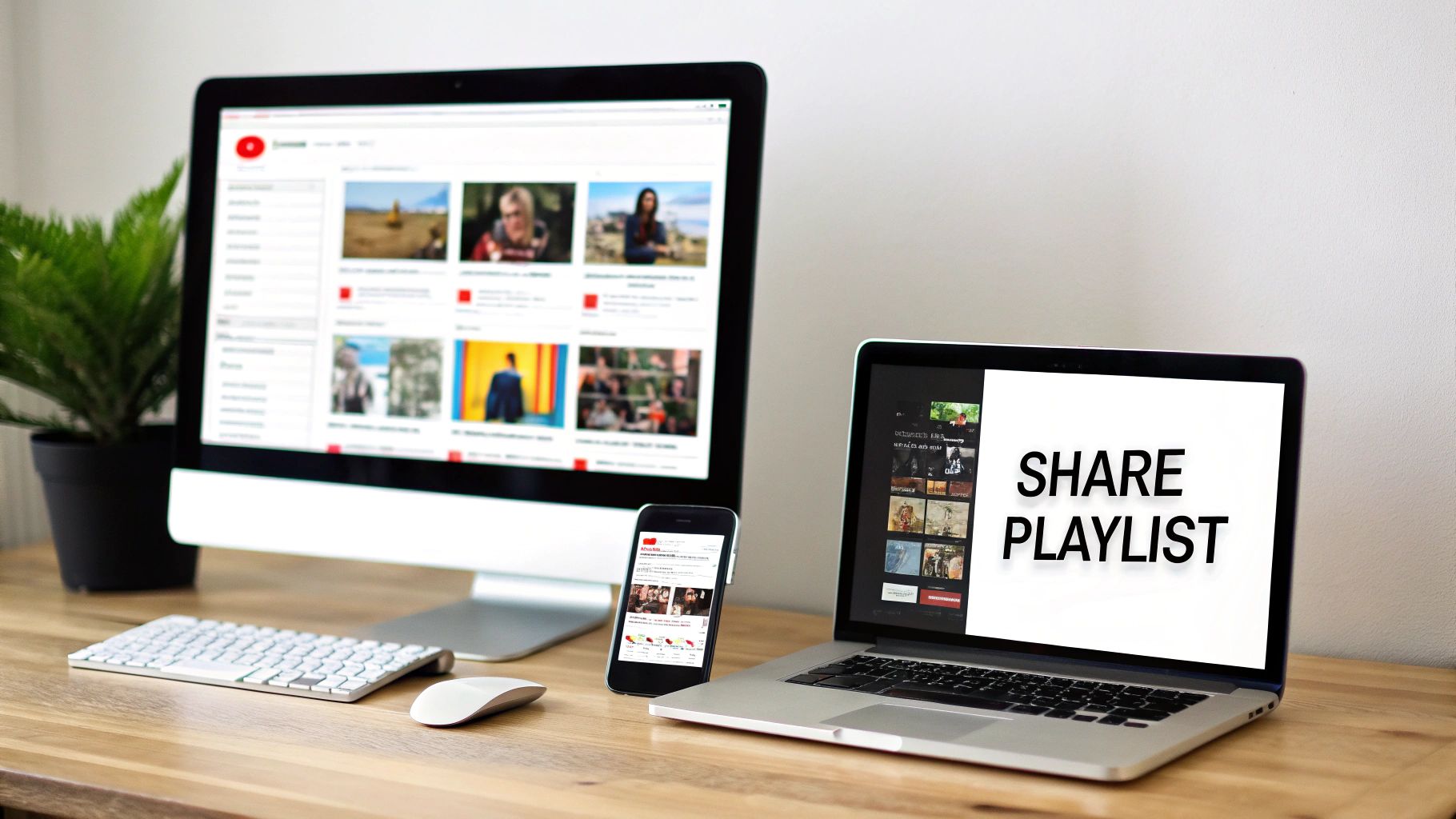Multiple devices displaying YouTube interface with share playlist text on laptop screen workspace setup