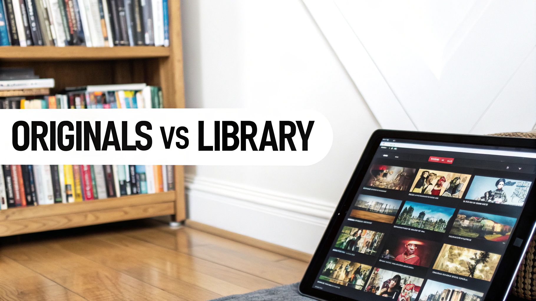 A bookshelf filled with physical books contrasted with a tablet displaying streaming content, highlighting originals versus library.