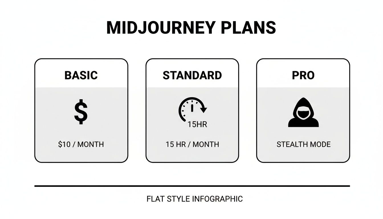An infographic detailing Midjourney plans: Basic for $10/month, Standard with 15 hours/month, and Pro with Stealth Mode.