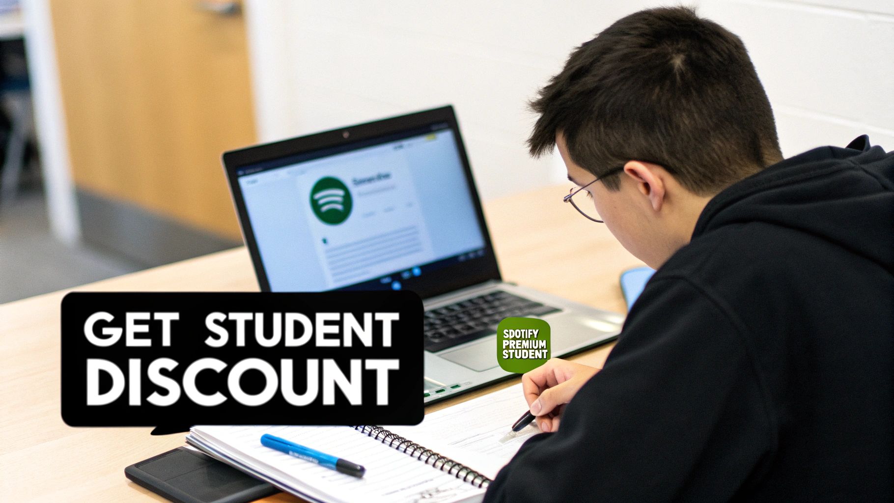 A student uses a laptop with Spotify, highlighting options for student premium discounts.