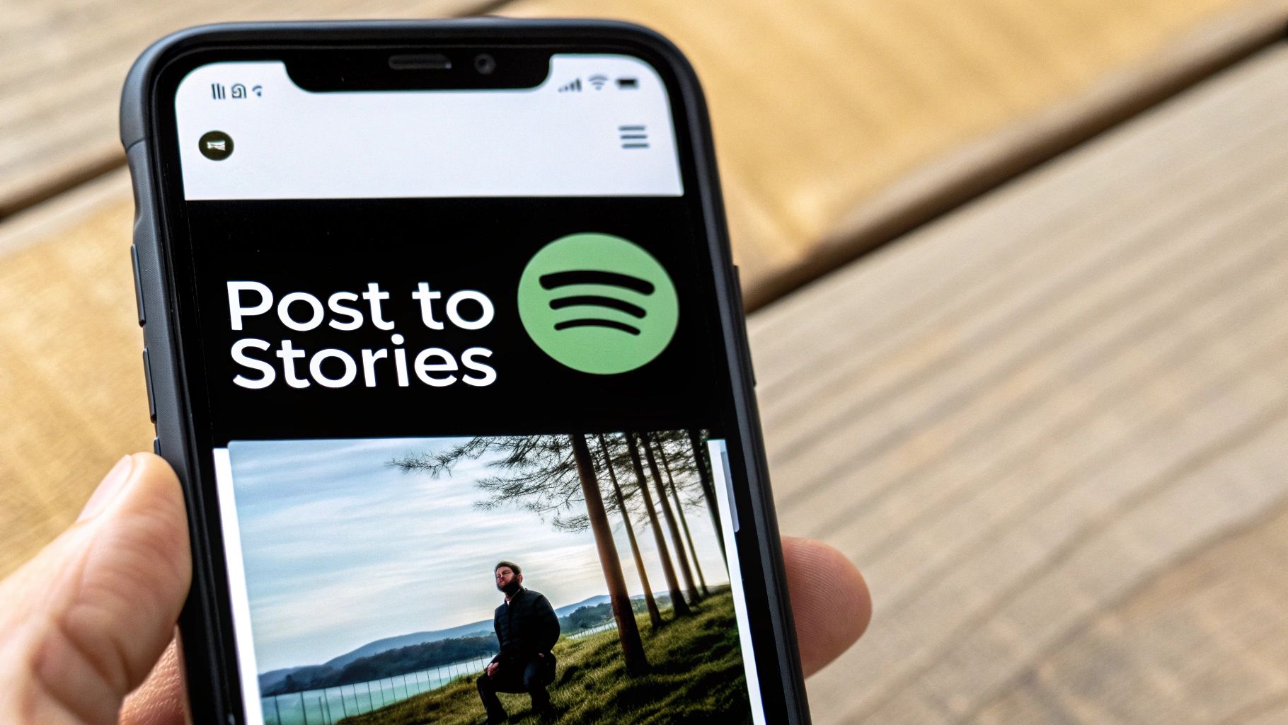 Woman sharing her Spotify playlist on her phone to social media, with Instagram and Facebook icons floating around.