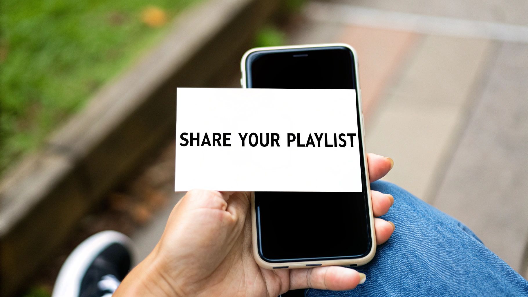 A person holding a smartphone displaying the Spotify app interface, with a focus on a playlist ready to be shared.