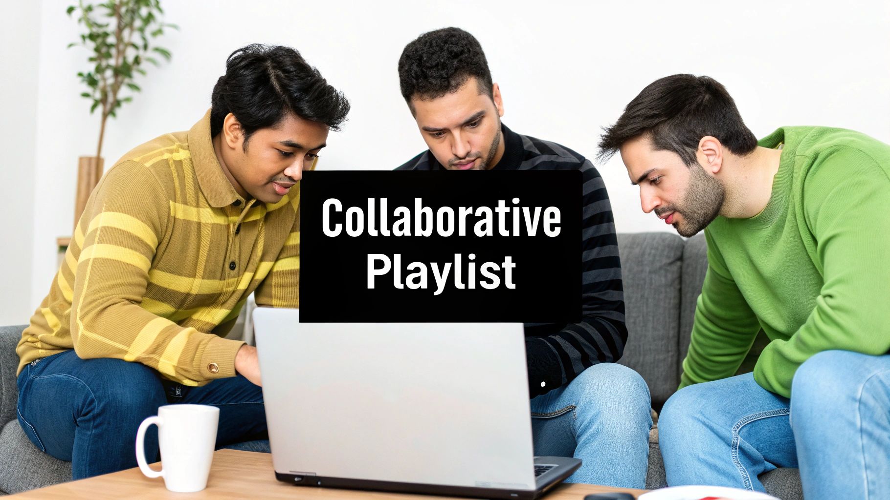 Friends listening to music together on a couch