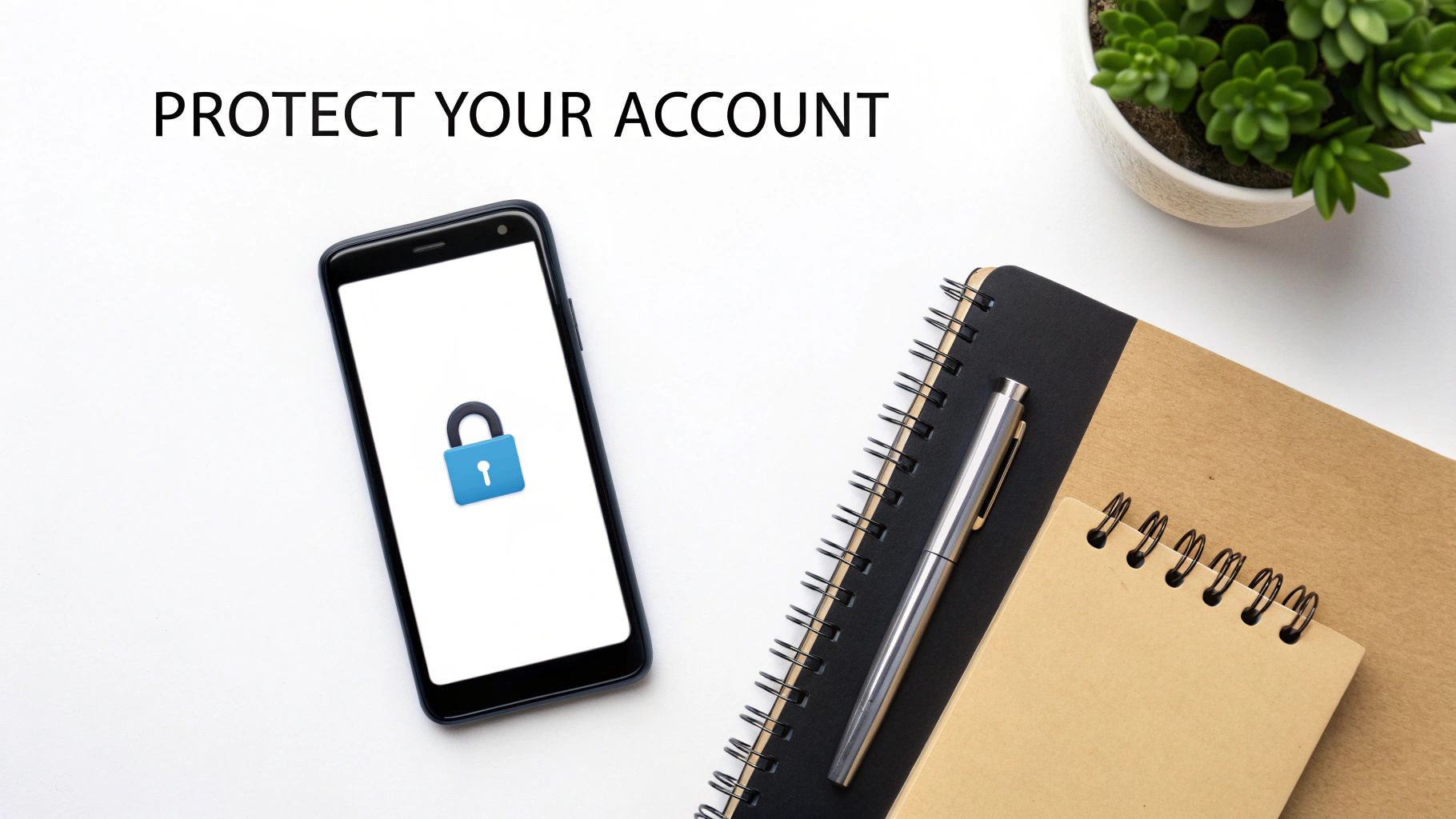 A smartphone displaying a padlock icon and 'PROTECT YOUR ACCOUNT' text, with notebooks and a plant.