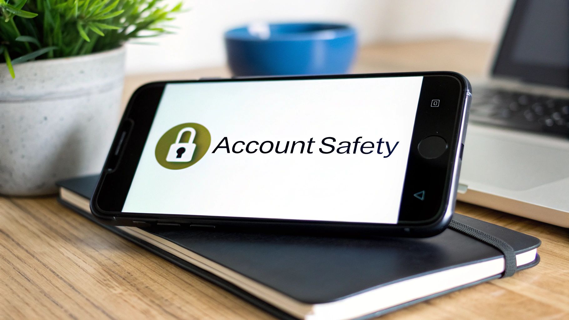 A person working on a laptop with a shield icon overlay, symbolizing online security and safety.