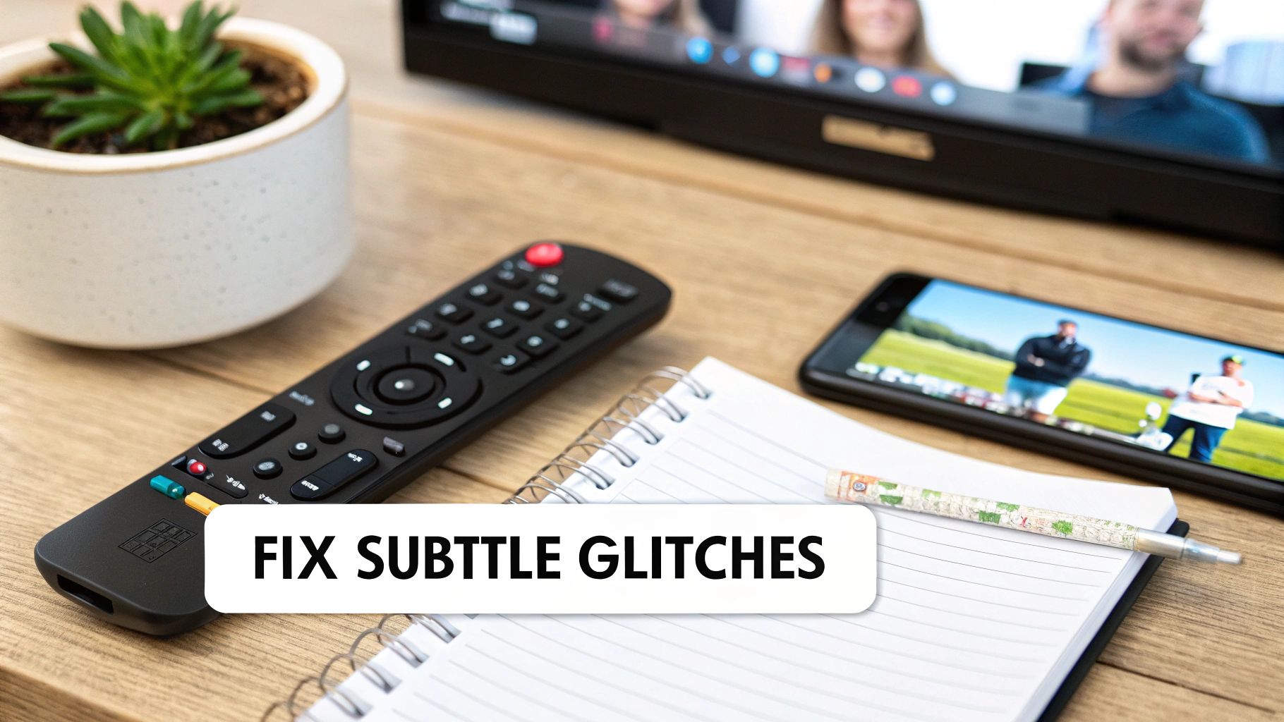 A TV remote, smartphone, and notepad on a wooden desk, with text 'FIX SUBTITLE GLITCHES'.