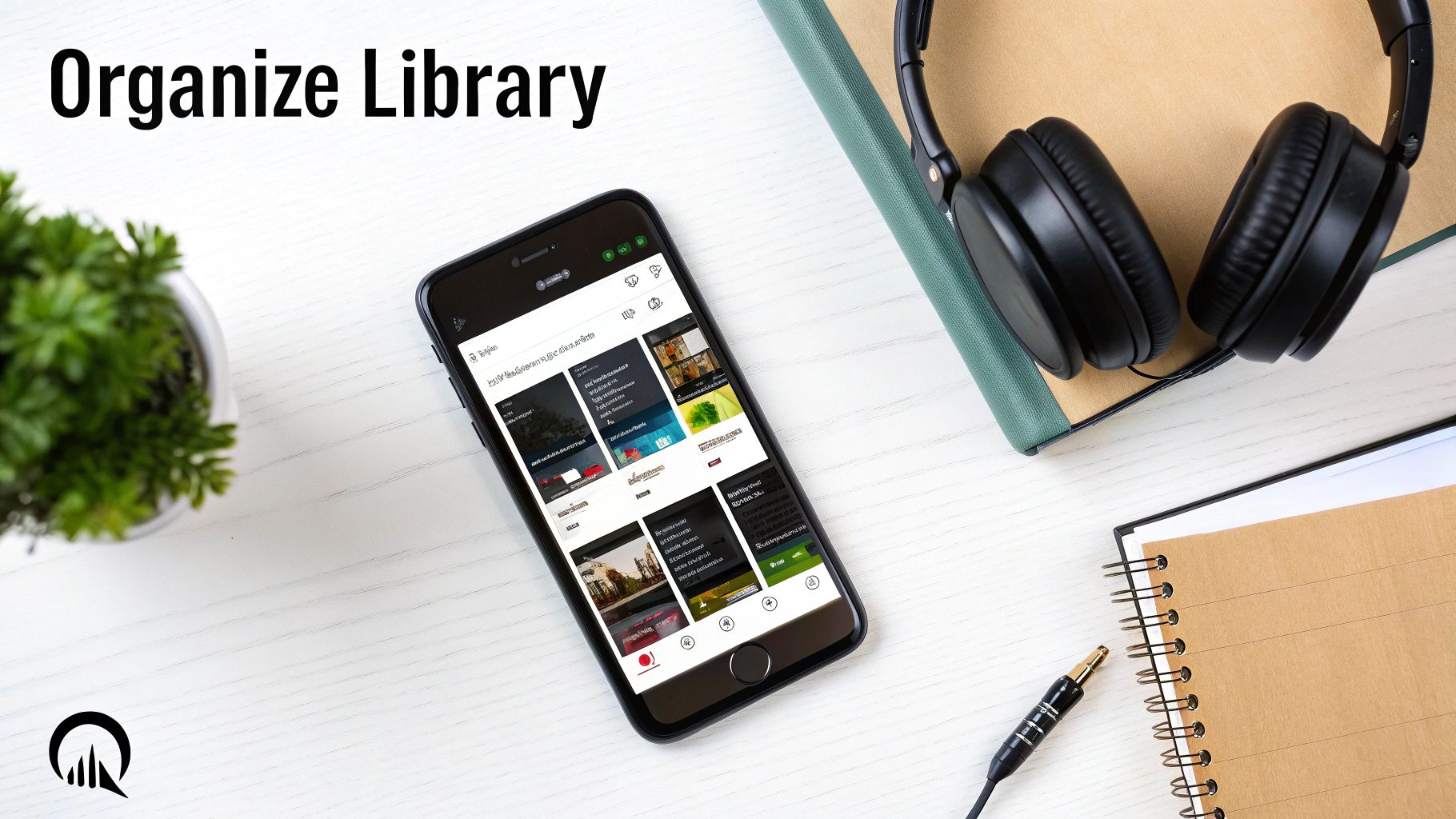 A desk with a smartphone displaying a content organizing app, headphones, a book, and a plant, promoting 'Organize Library'.