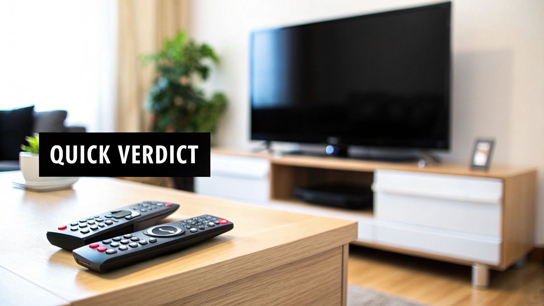 Two TV remote controls on a wooden coffee table in a modern living room with a TV.