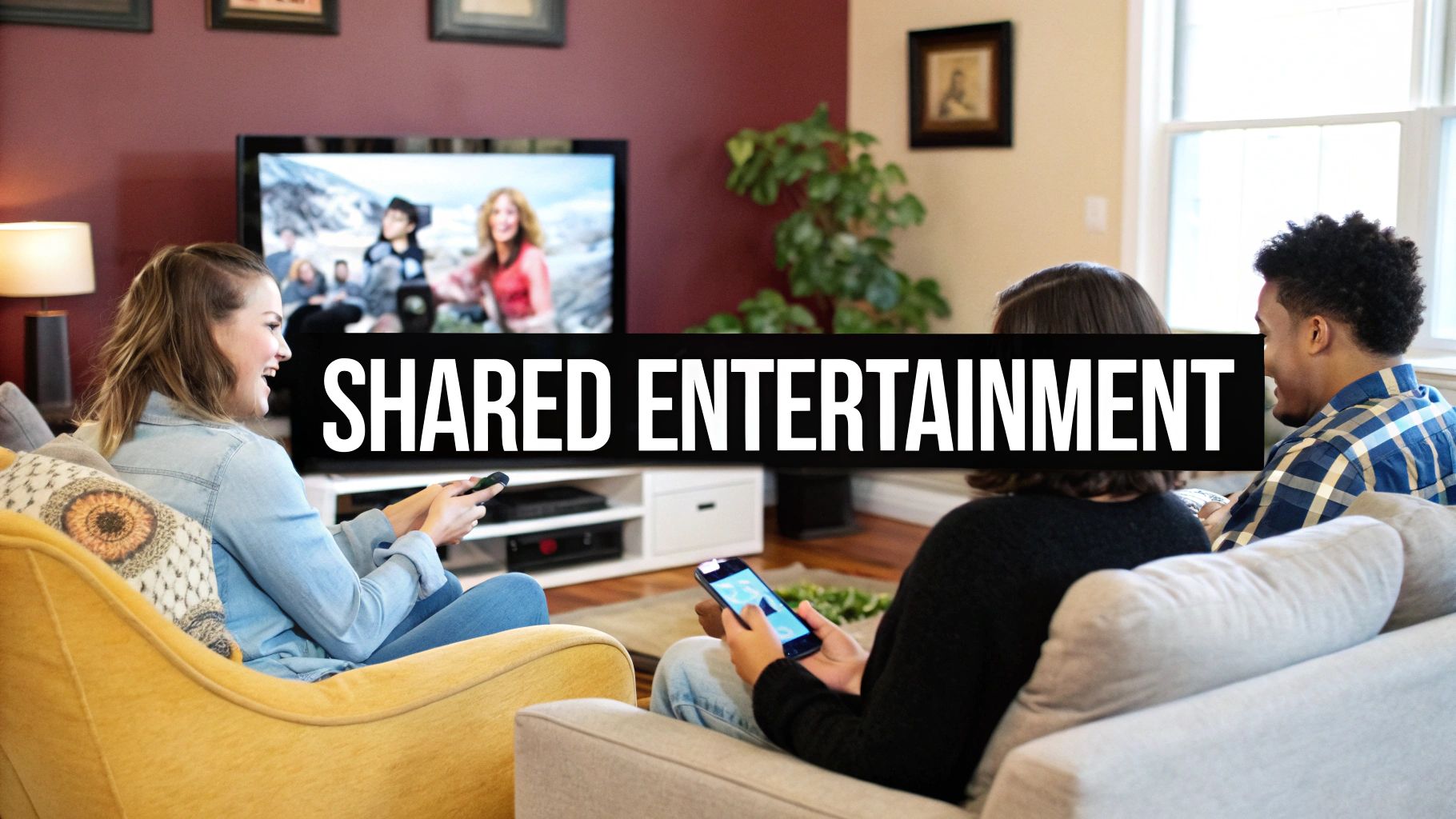 A group of friends sitting on a couch, laughing and looking at a TV screen, representing the social aspect of sharing streaming services.