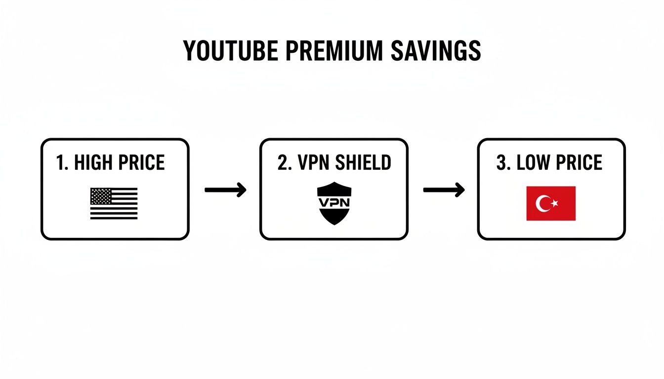 Diagram illustrating YouTube Premium savings, showing high price in the USA, using a VPN, resulting in a low price in Turkey.