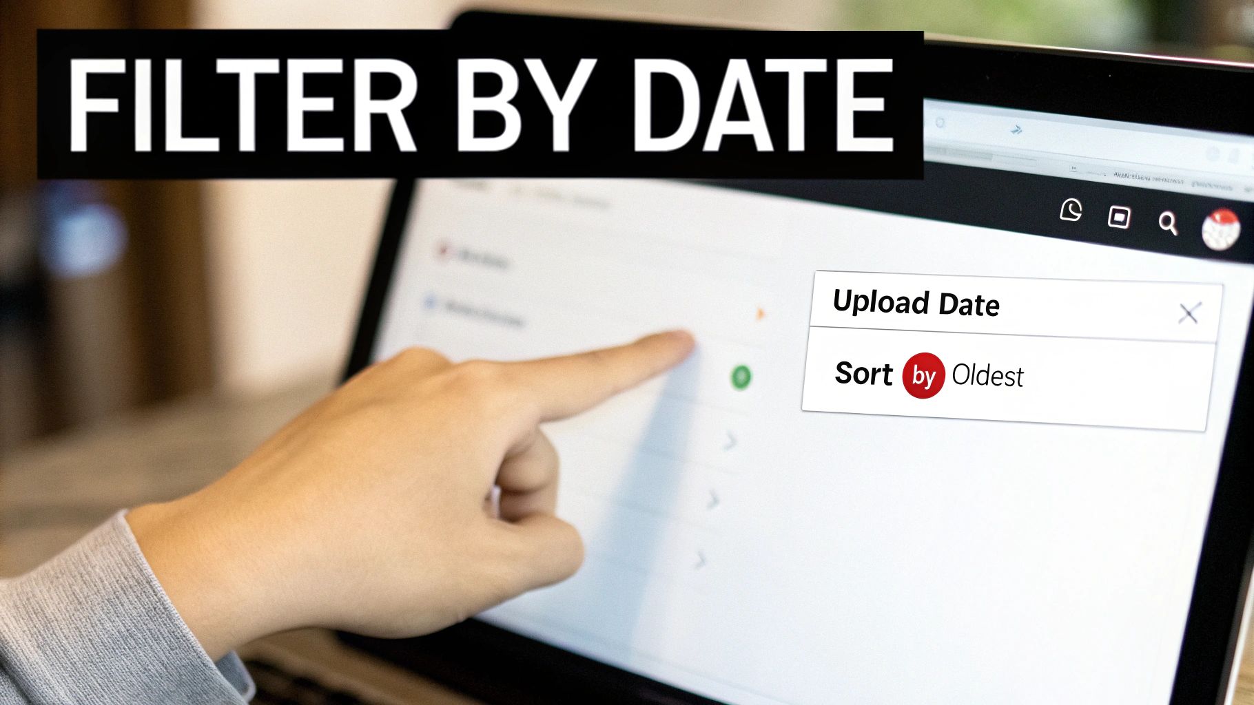 A hand points at a laptop screen displaying 'Filter by Date' with a menu to sort by 'Upload Date' and 'Oldest'.
