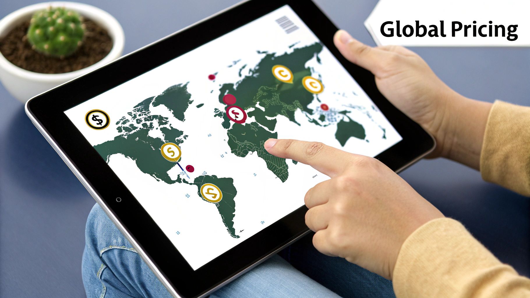 A world map with glowing pins in various countries, indicating different price points for a digital service.