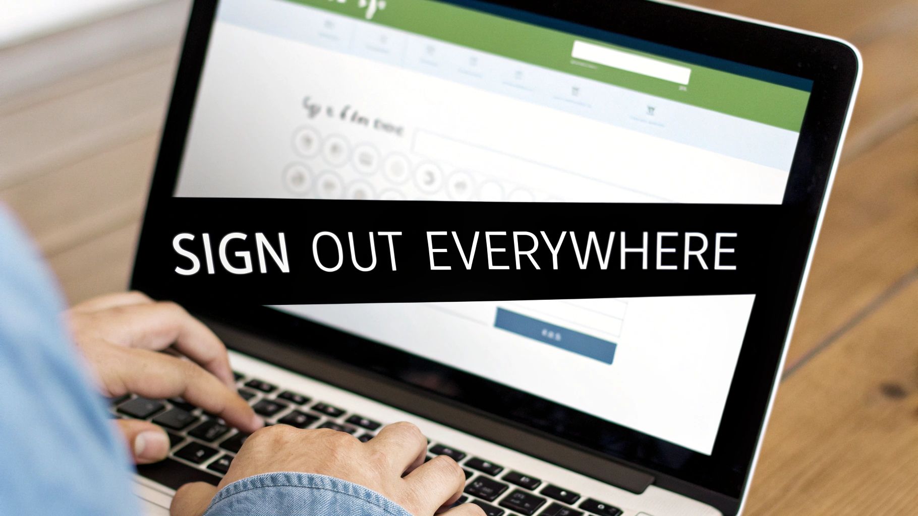 A person types on a laptop screen displaying the text "SIGN OUT EVERYWHERE" for account security.