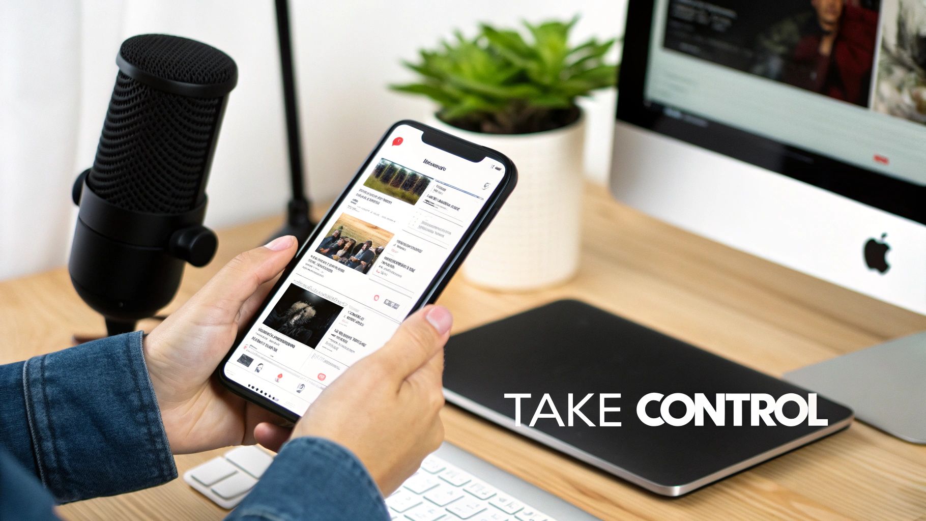 Person holding a smartphone displaying a podcast app, with a microphone and an Apple computer on a desk.
