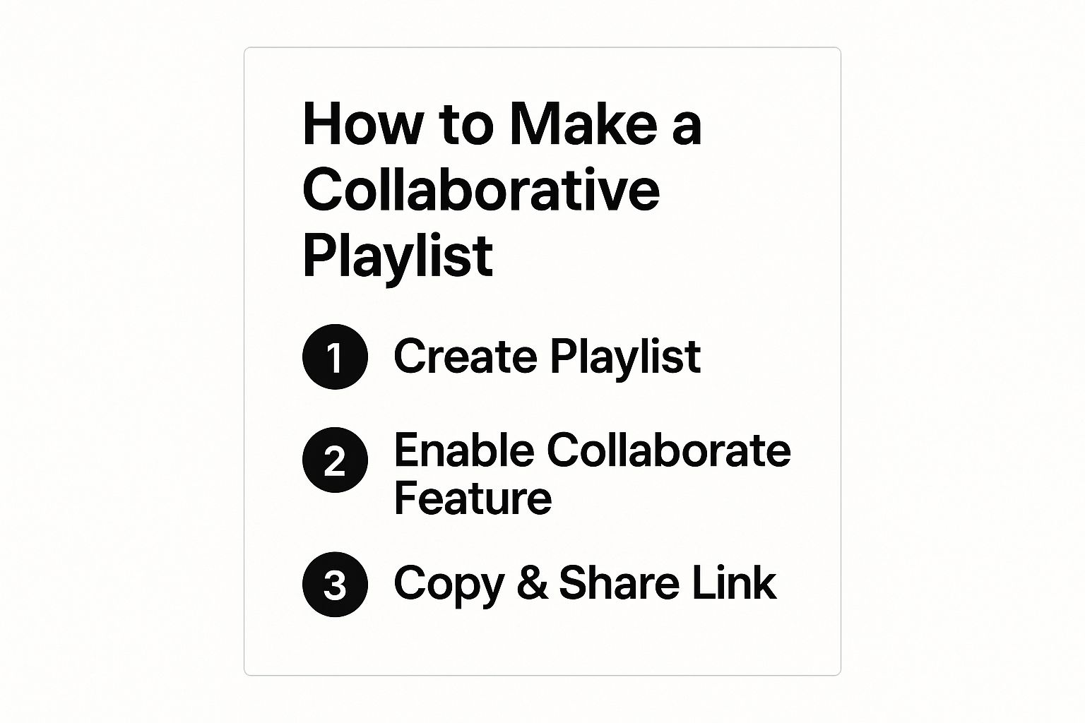 An infographic summarizing the three main steps to create a shared YouTube playlist: Create Playlist, Enable Collaborate Feature, and Copy & Share Link.