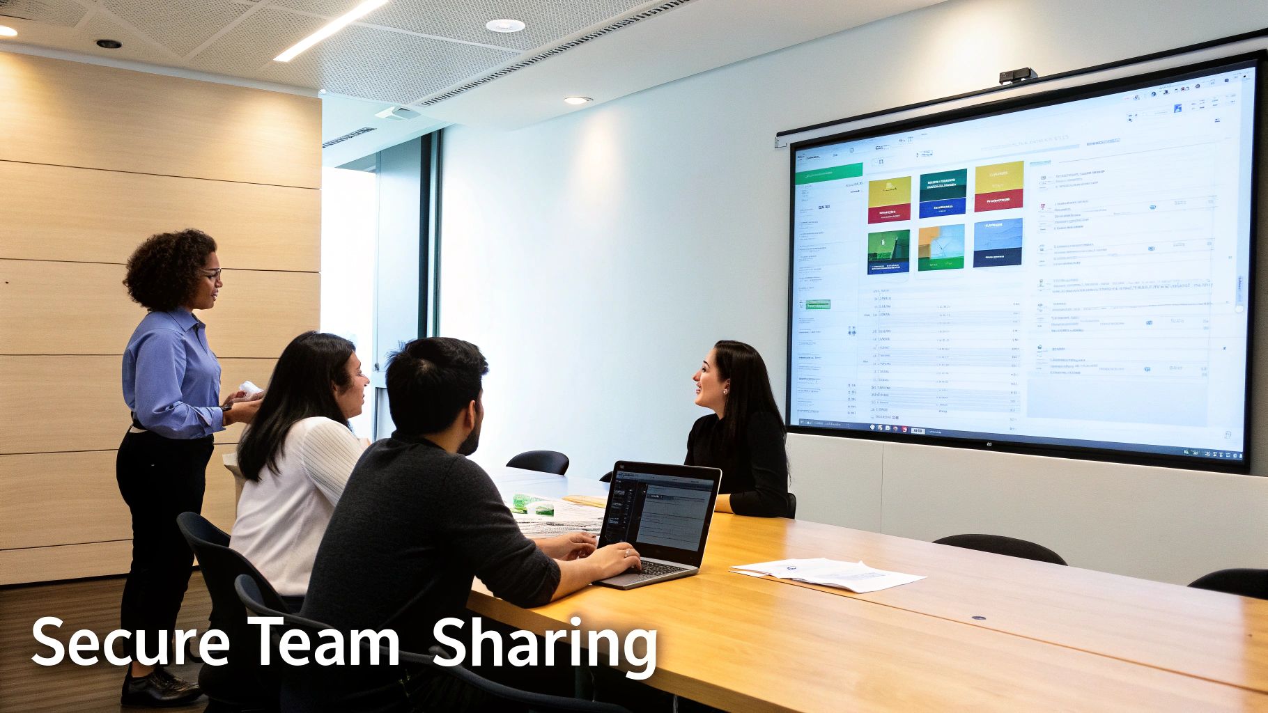 A team collaborating securely on a shared software tool dashboard.