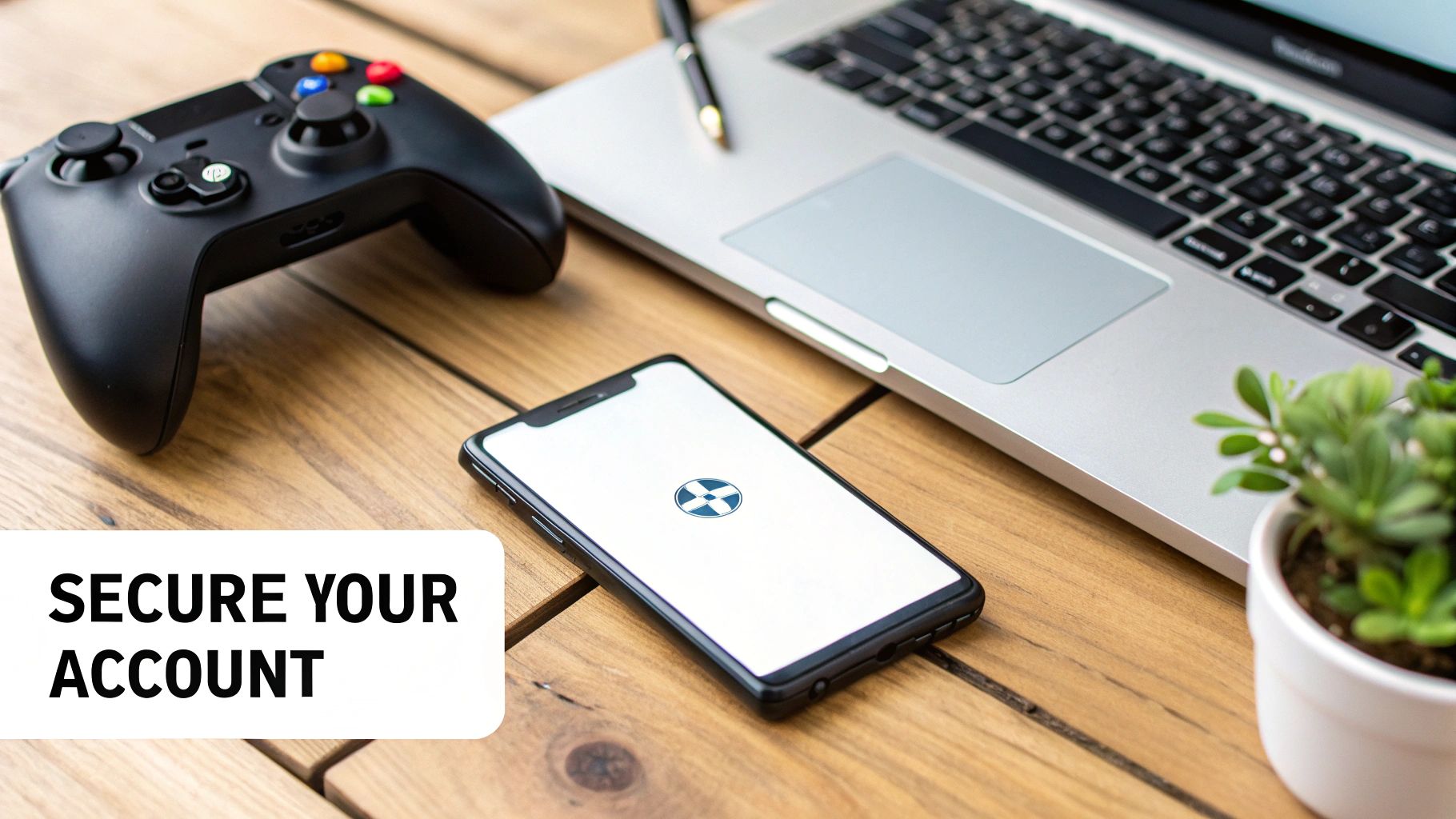 A game controller, laptop, and smartphone showing a logo, with 'SECURE YOUR ACCOUNT' text on a wooden desk.