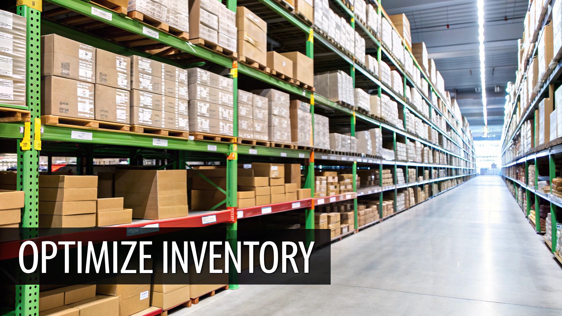 Infographic explaining inventory optimization with icons for demand forecasting, stock levels, and supply chain management.
