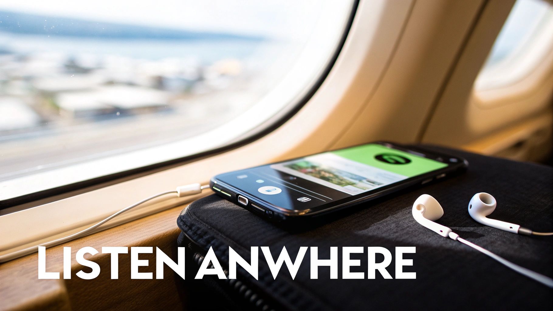 A smartphone running Spotify with earbuds on a seat next to a window, ideal for listening while traveling.