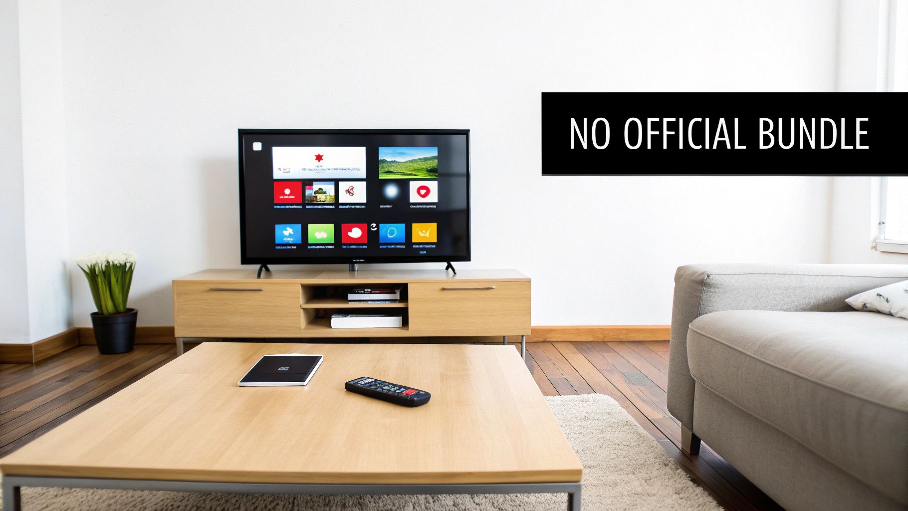 A modern living room with a smart TV displaying app icons, a coffee table, and a sofa.