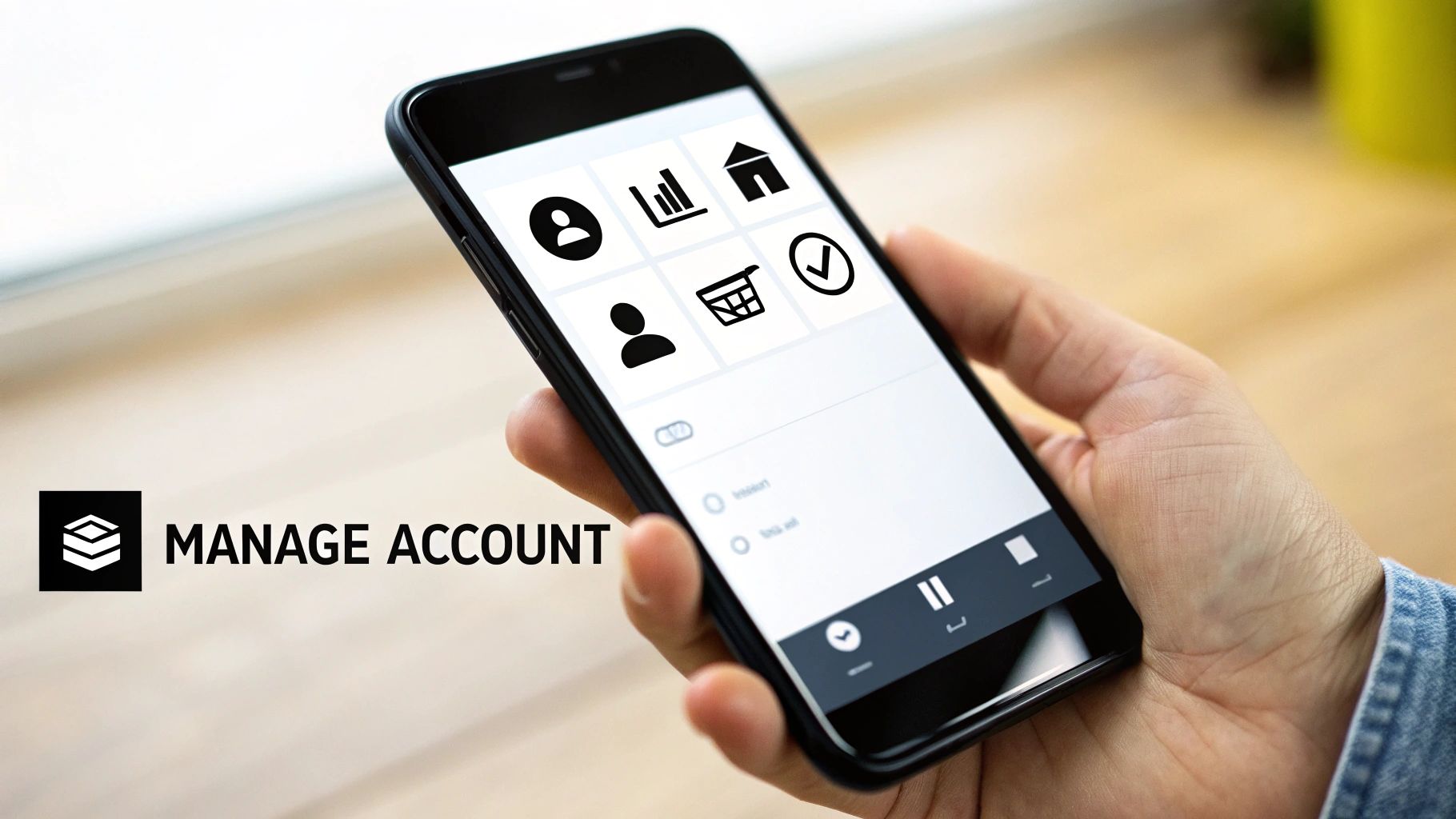 A hand holds a smartphone displaying app icons like user profiles, charts, and a shopping basket, with 'MANAGE ACCOUNT' text.