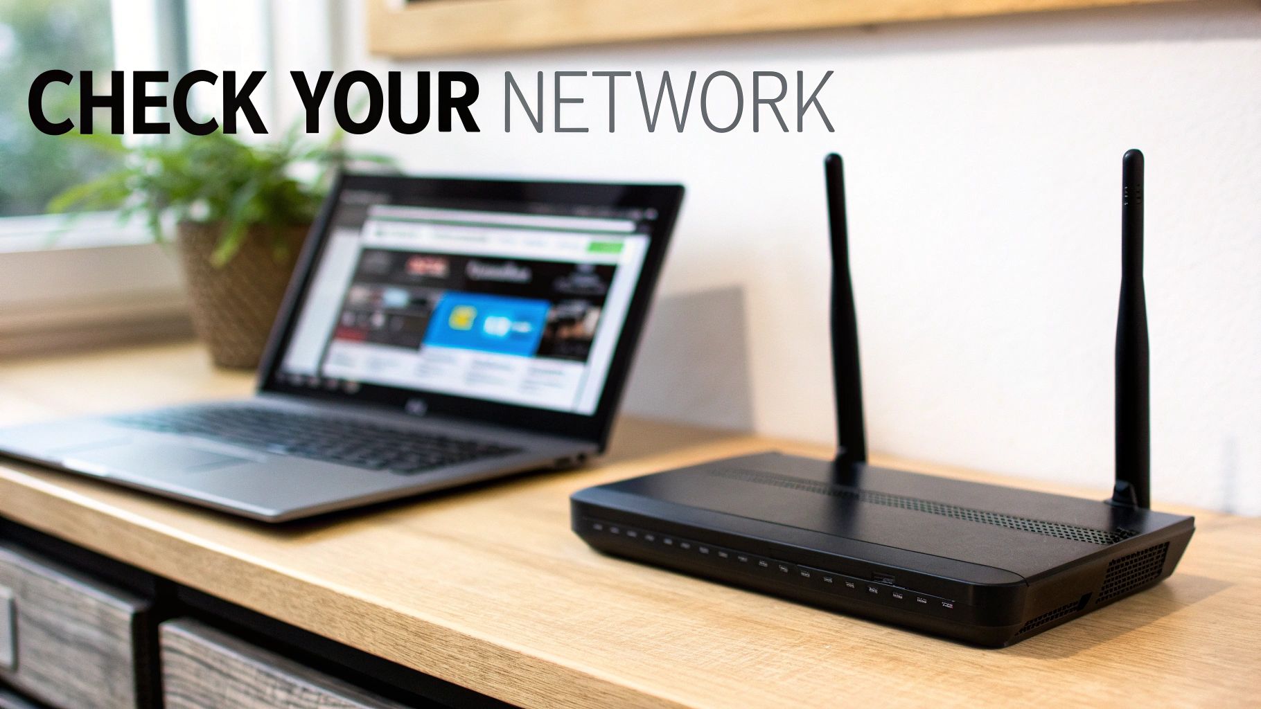A black internet router and a laptop on a wooden desk, emphasizing network issues.