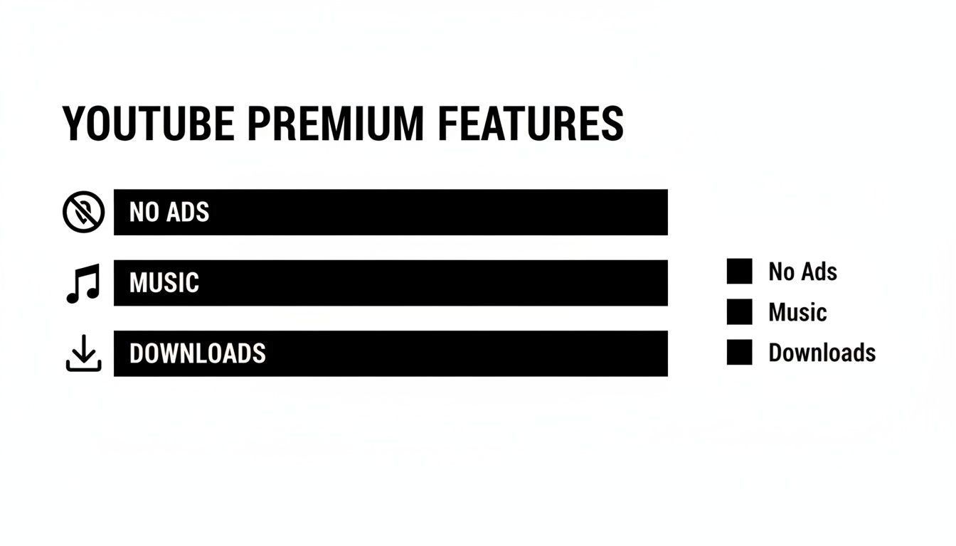 A clear infographic listing YouTube Premium features: no ads, music playback, and downloads.