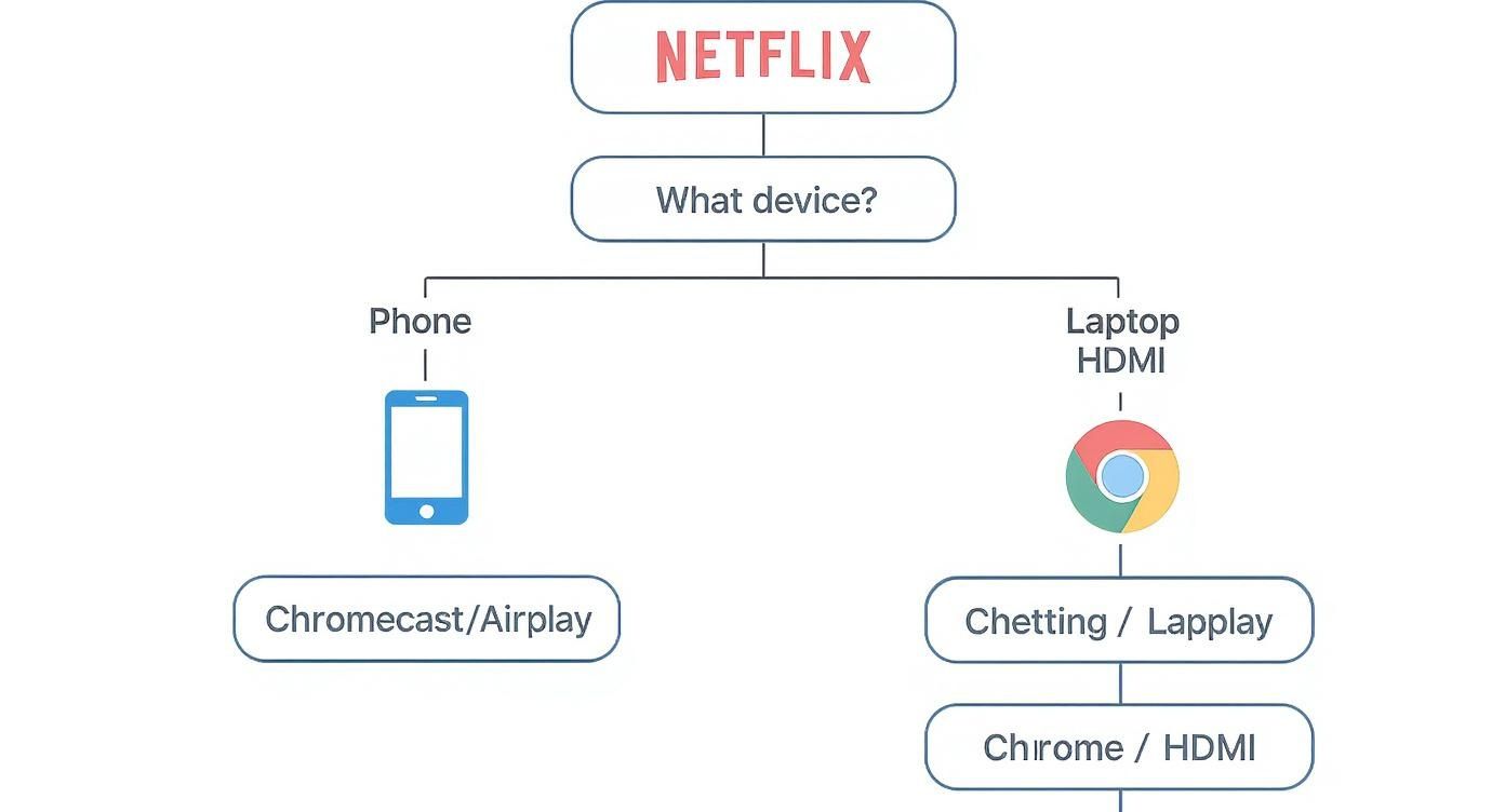 Netflix streaming flowchart showing device options including phone with Chromecast and laptop with HDMI connection