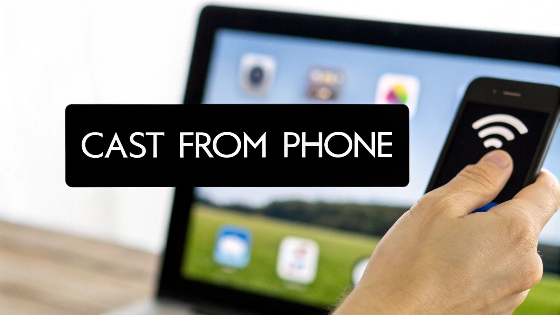 Hand holding smartphone with WiFi icon casting content to tablet screen wirelessly