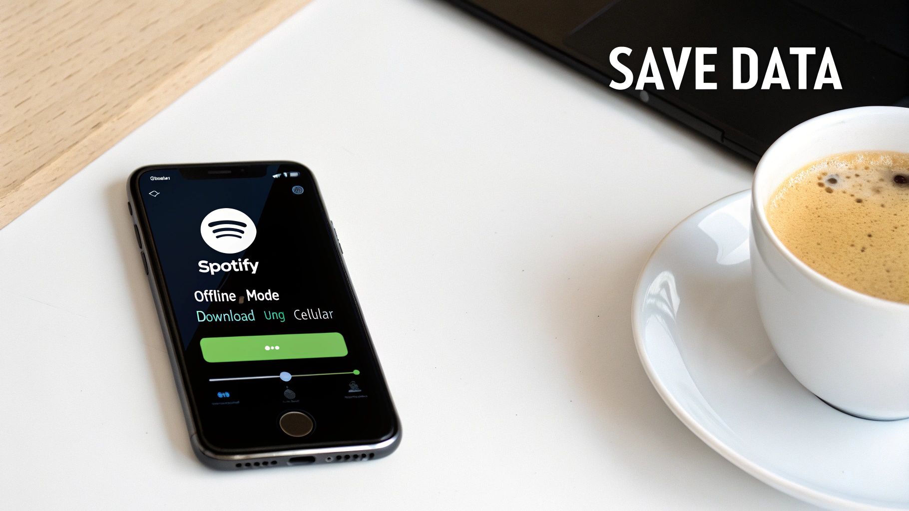 iPhone displaying Spotify's 'Offline Mode' and 'Download' settings for saving data, next to a coffee cup.