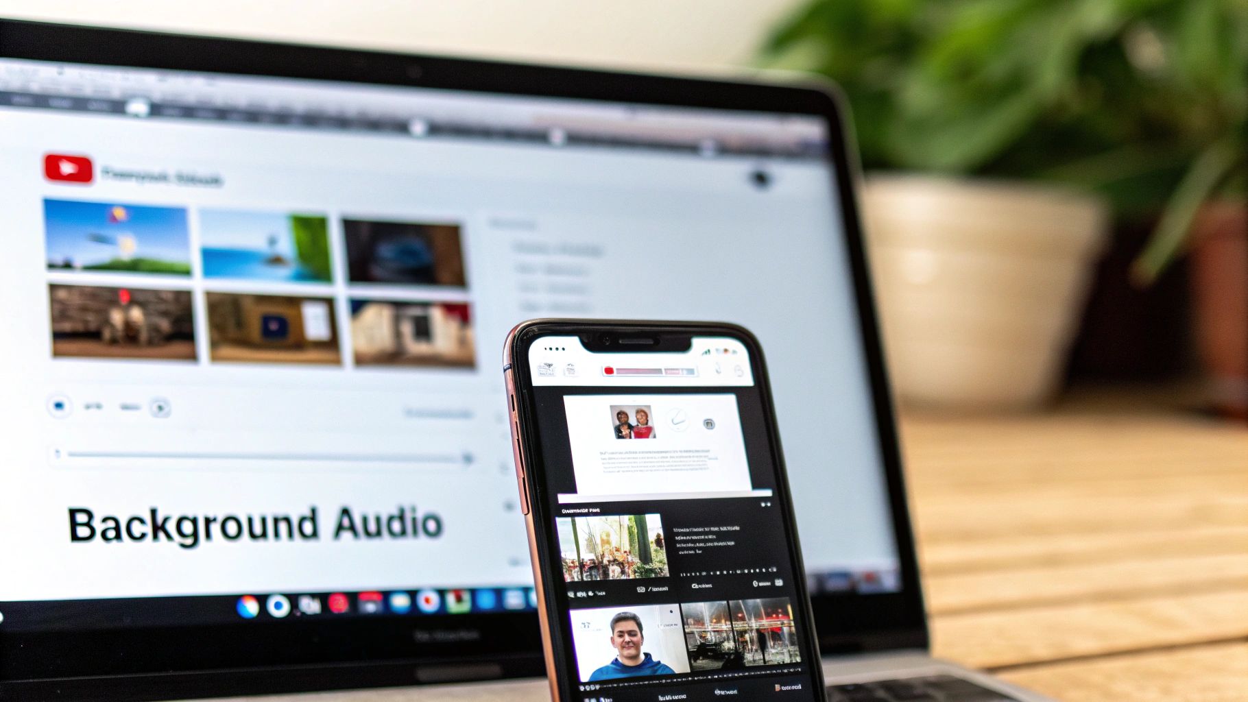 A smartphone displaying video content in front of a laptop showing YouTube with 'Background Audio'.