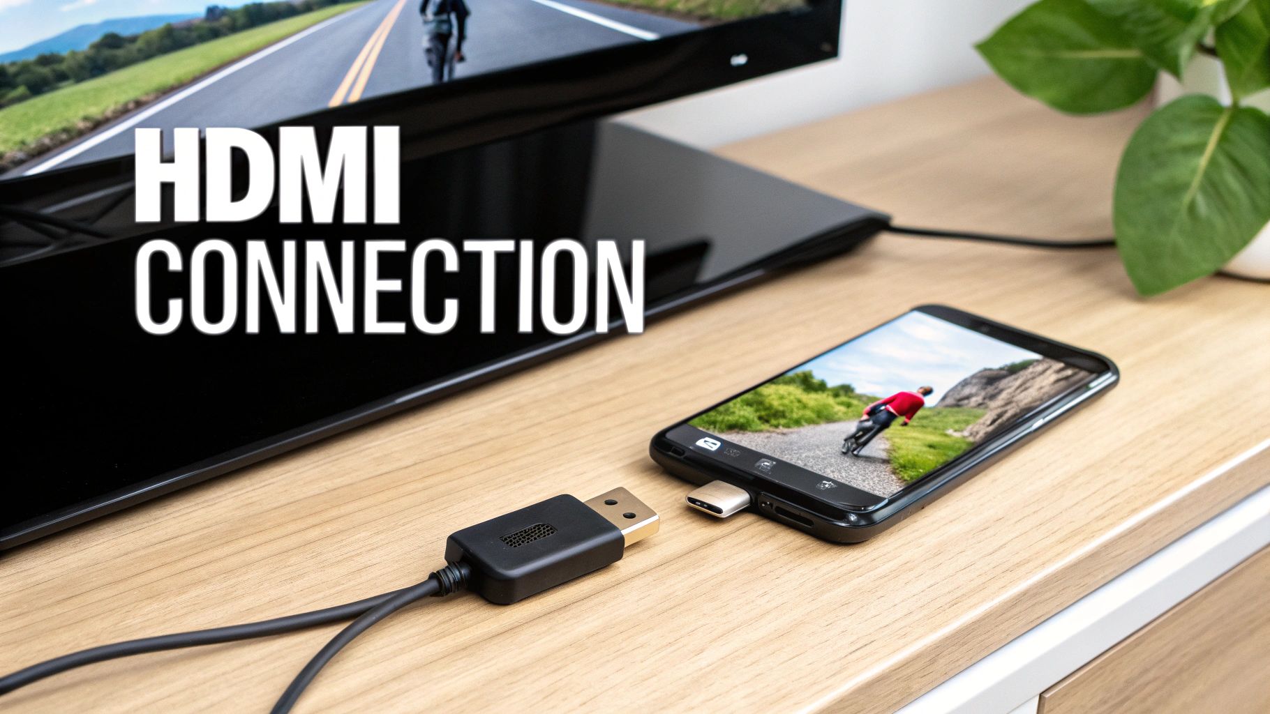 A smartphone connecting to a TV with an HDMI cable, showing a cyclist on both screens.