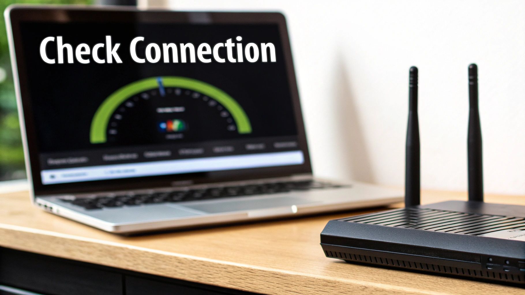 A laptop screen showing 'Check Connection' and a speed test, next to a black Wi-Fi router on a wooden desk.
