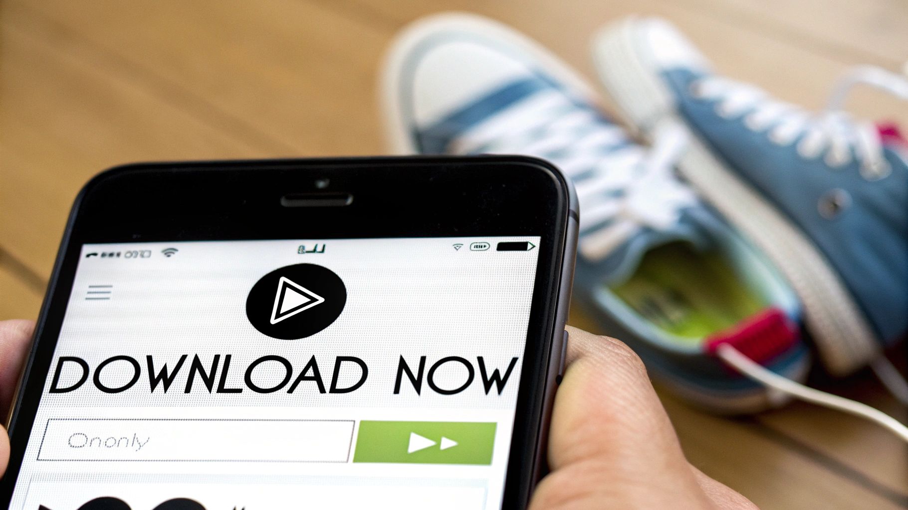 A hand holds an iPhone displaying a 'DOWNLOAD NOW' screen with a play button, and blue sneakers are blurred in the background.