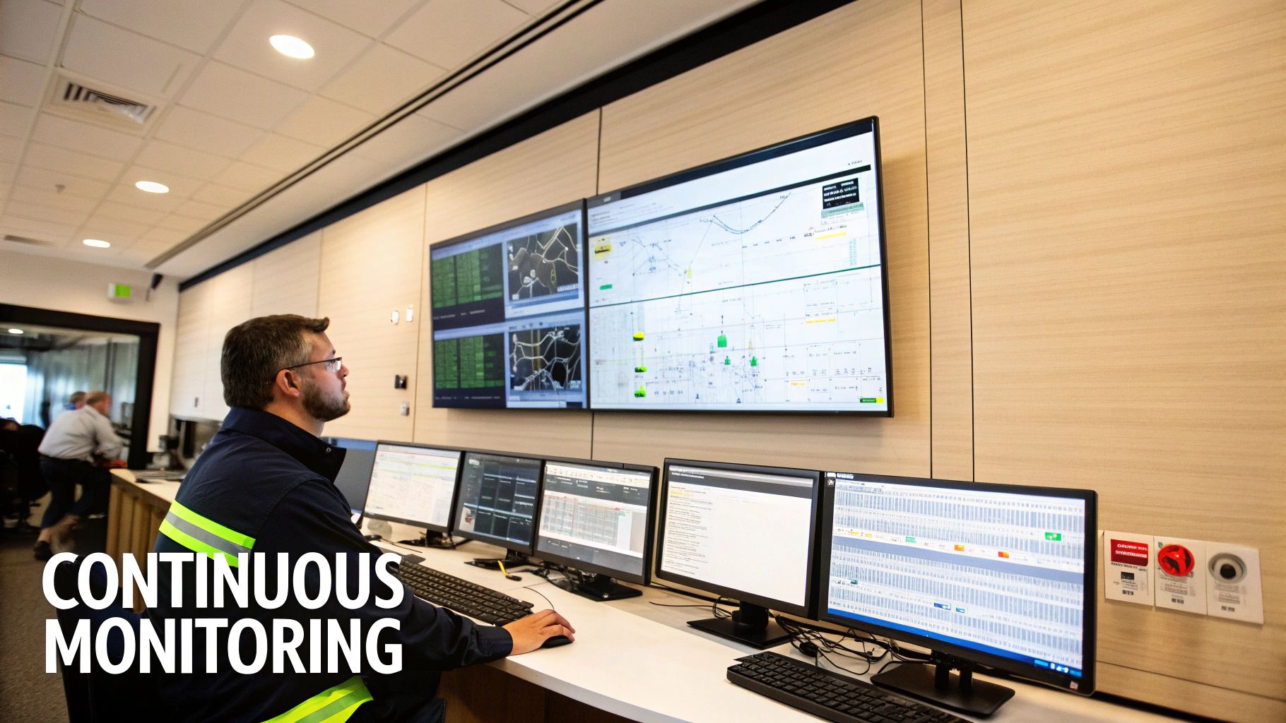 Man in a control room, surrounded by multiple monitors displaying data and maps.