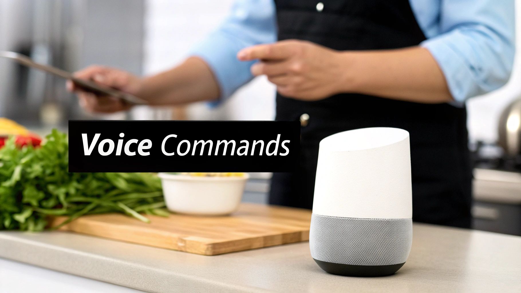 A person using voice commands on a smart speaker in their living room.