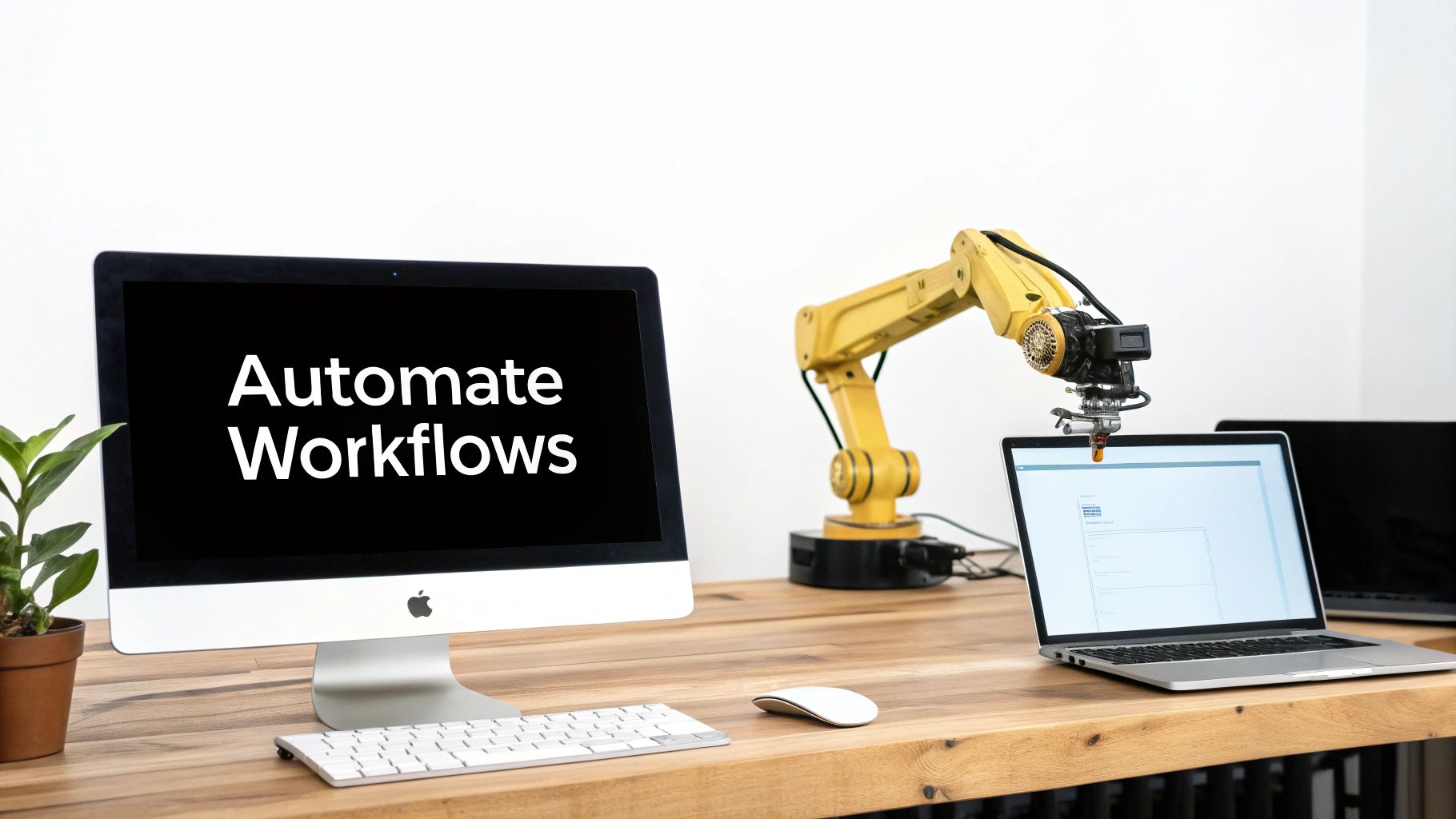 An illustration showing a robotic arm organizing boxes, symbolizing process automation and efficiency.